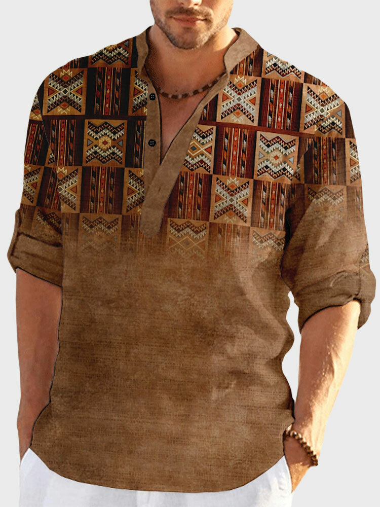 Mens Ethnic Geometric Print Half Button Long Sleeve Henley Shirts