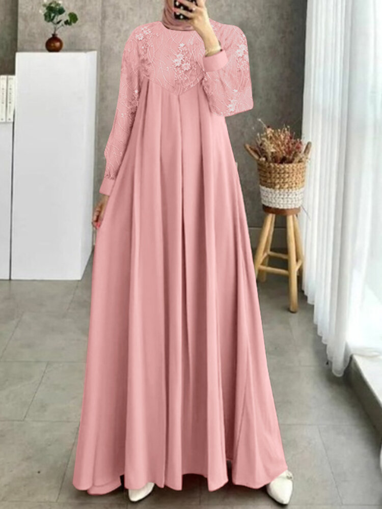 

Women Lace Patchwork Pleated Muslim Long Sleeve Maxi Dress, Pink;dark blue;wine red;khaki