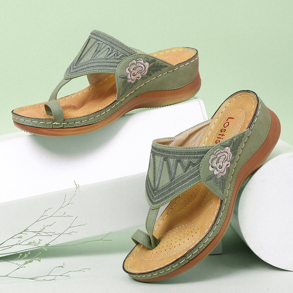 LOSTISY Embroidered Clip Toe Beach Casual Wedges Sandals