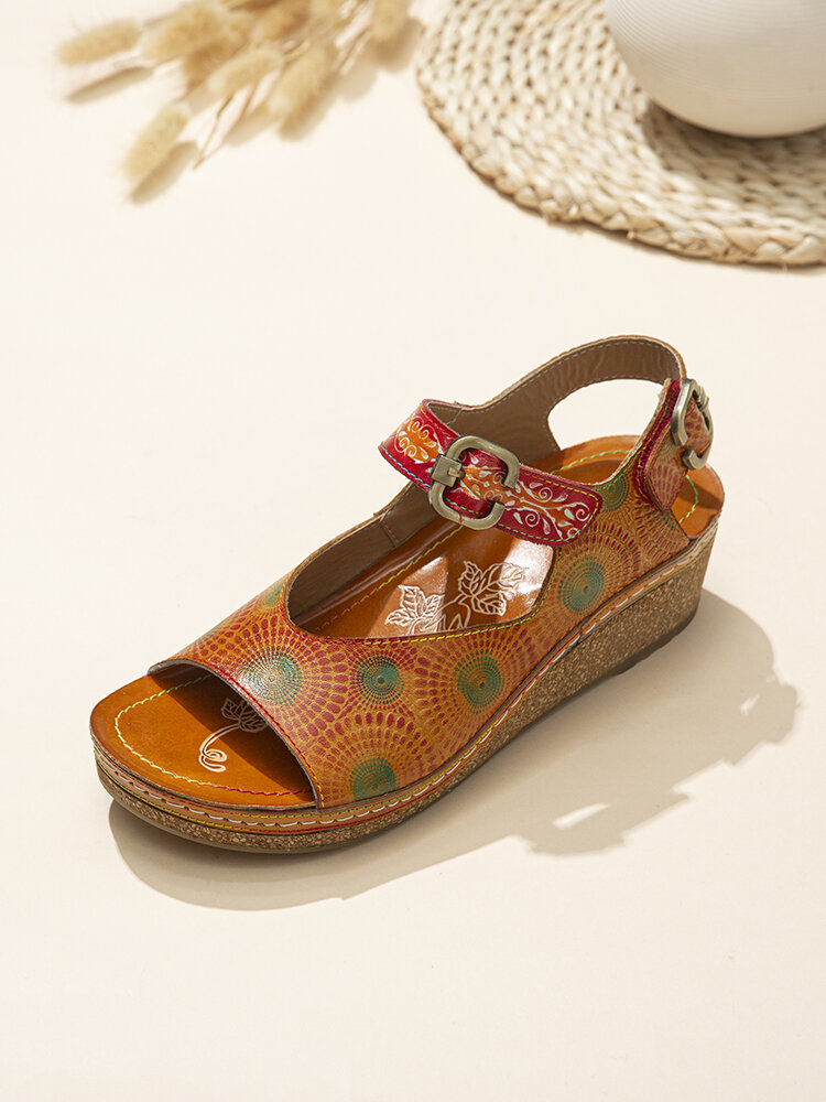 Socofy Retro Ethnic Pattern Print Wedges Wide Band Hook Loop Comfy Sandals