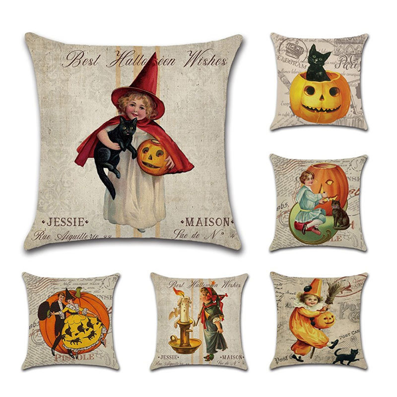 Cartoon Witches Pumpkin Pattern Linen Cushion Cover Home Sofa Halloween Art Decor  