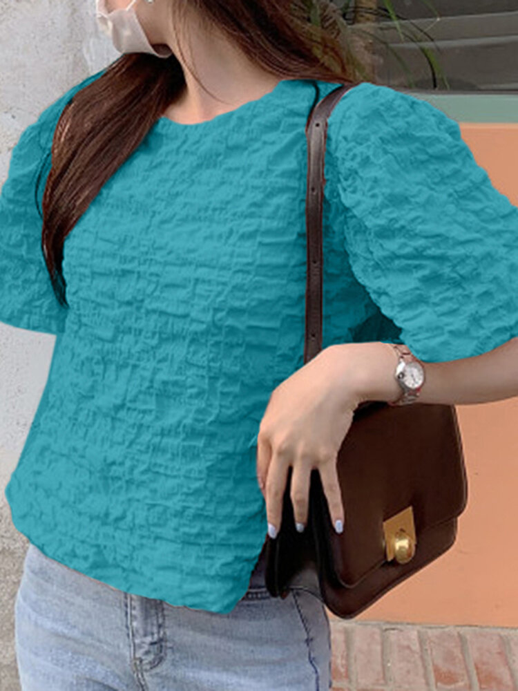 Textured Solid Puff Sleeve Crew Neck Women Blouse