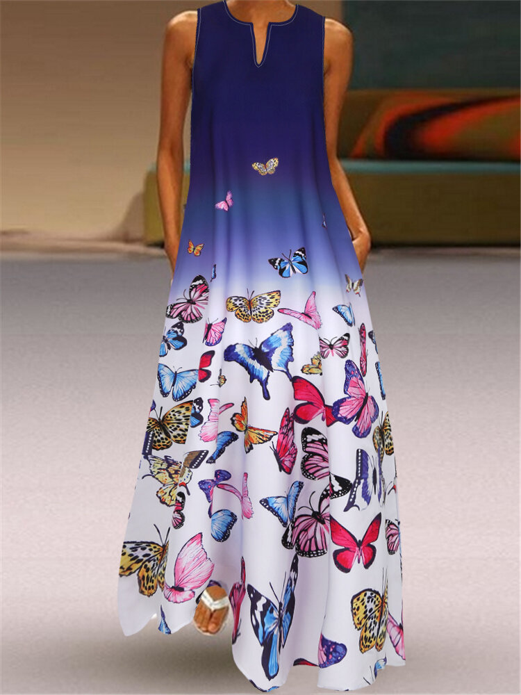 Butterfly Printed Ombre Patchwork V-neck Maxi Dress