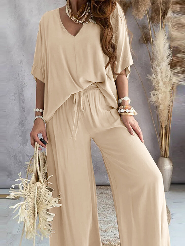 Women Solid V-Neck Wide Leg Pants Casual Co-ords