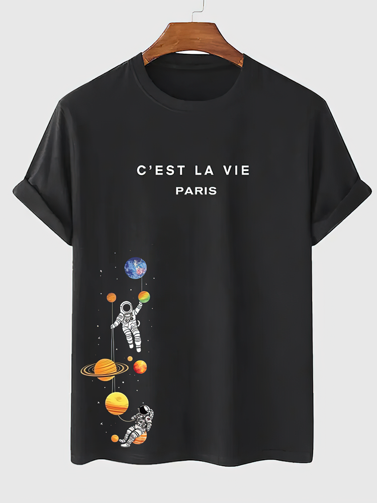 

Mens Planet Astronaut Letter Print Crew Neck Short Sleeve T-Shirts, Black