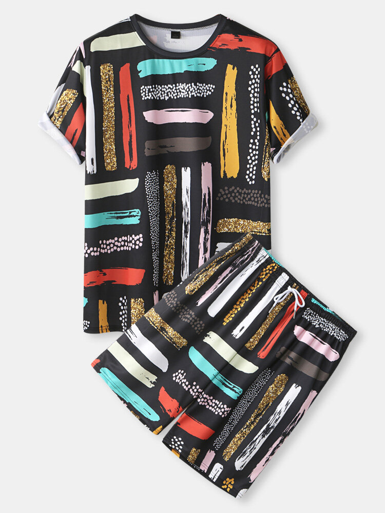 

Mens Graffiti Stripes Pattern T-Shirt & Drawstring Shorts Co-ords, Black
