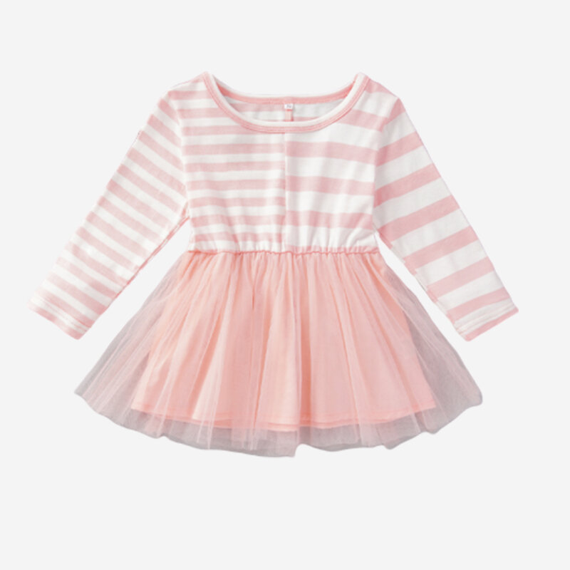 

Baby Girl's Striped Print Long Sleeves Tulle Patchwork Dress For 3-18M, Pink