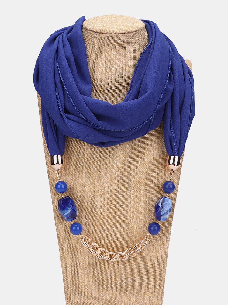 Vintage Beaded Chain Pendant Solid Color Chiffon Resin Neck Sun Protection Scarf Necklace