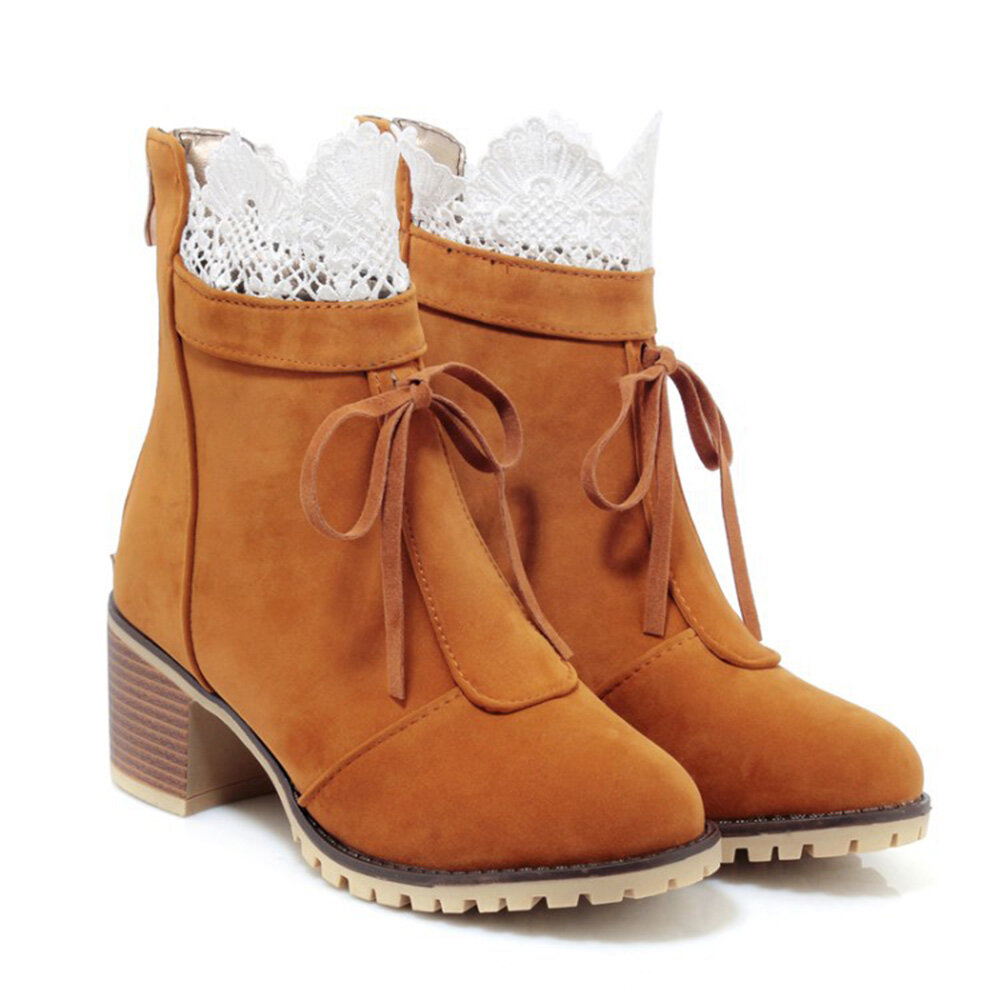 Lacework Hollow Detailed Square Heel Boots
