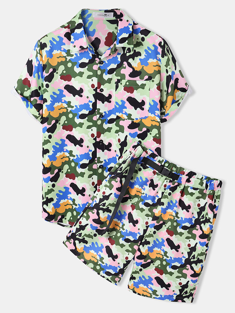 Mens Camo Print Buckle Waist Shorts Holiday Two Pieces Outfits