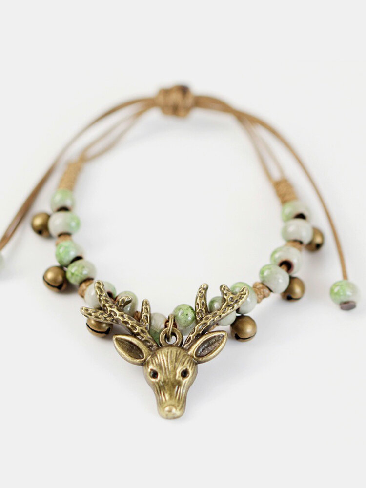 Vintage Deer Head Charm Bracelet Small Bell Wax Rope Beaded Bracelet Handmade Ethnic Jeweley for Men