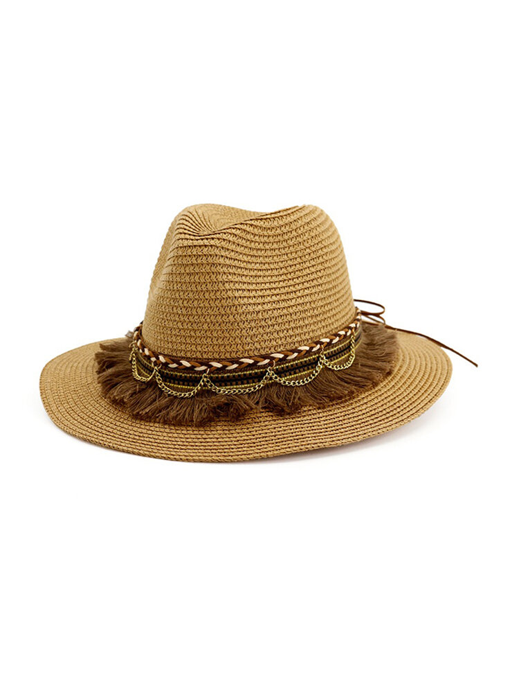 Women Sunshade Tassel Straw Hat Outdoor Seaside Sun Visor Solid Color Jazz Hat  