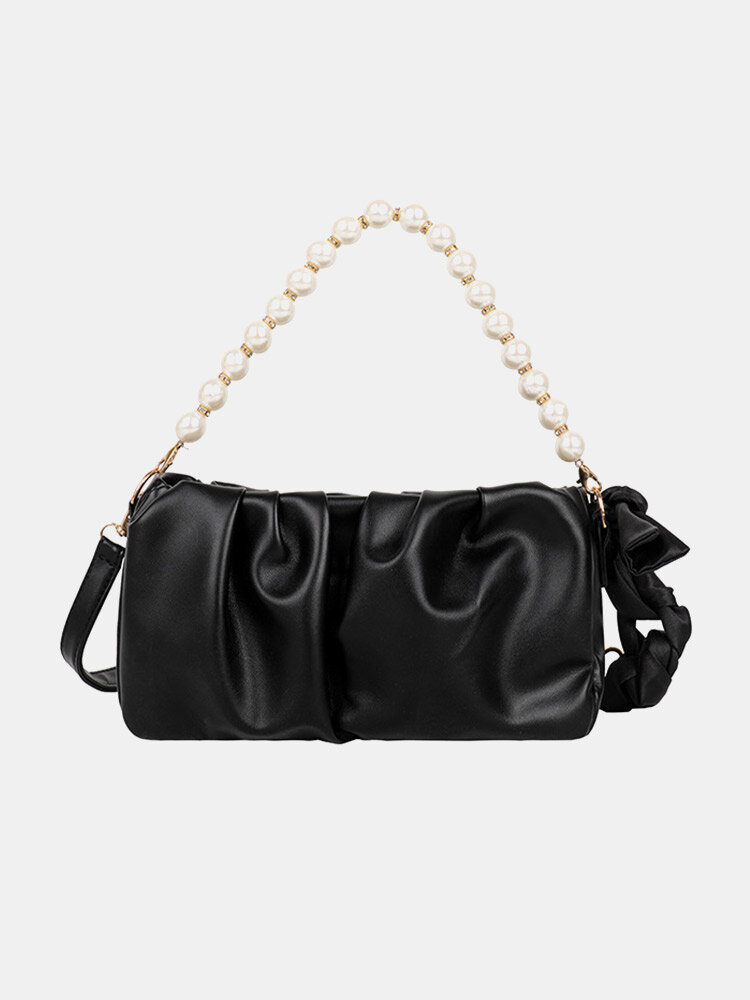 Casual Texture Pearls Faux Fur Pleated Design Silk Scarf Strap Underarm Bag Simple Crossbody Bag