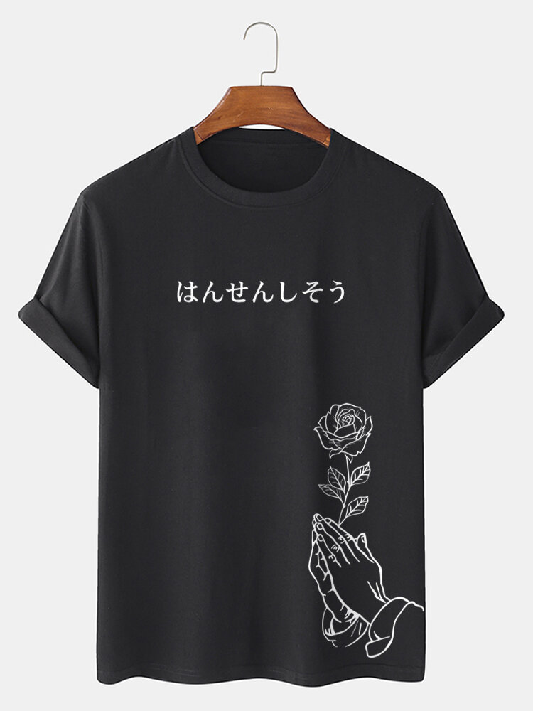 Mens Japanese Rose Hand Print Cotton Short Sleeve T-Shirts