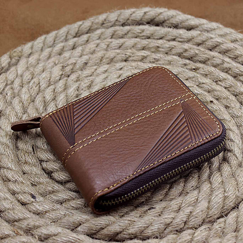 

Genuine Leather Vintage Zipper Driver License Trifold Wallet For Men, Brown
