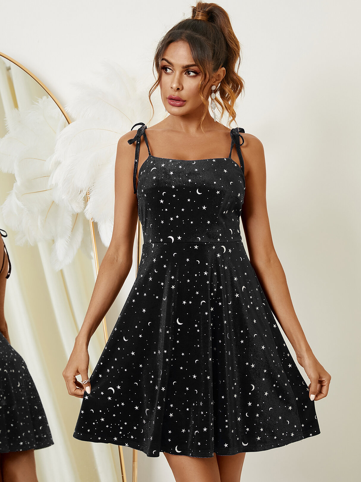 Galaxy Sequins Tie-up Design Sleeveless Mini Dress
