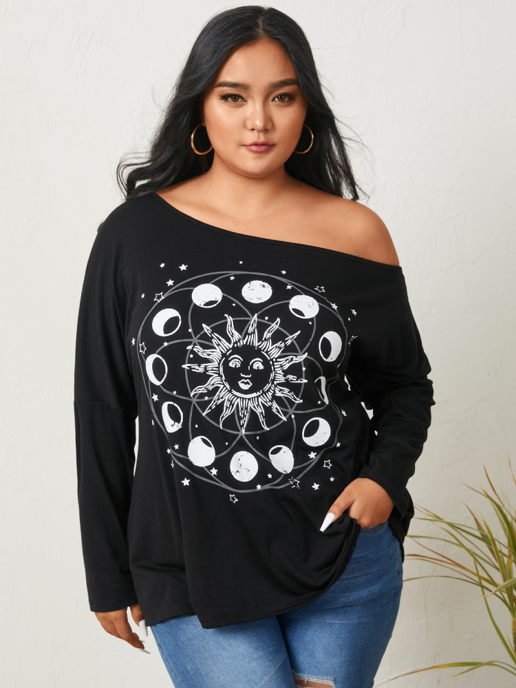 Print Off Shoulder Long Sleeve Plus Size Casual Blouse for Women