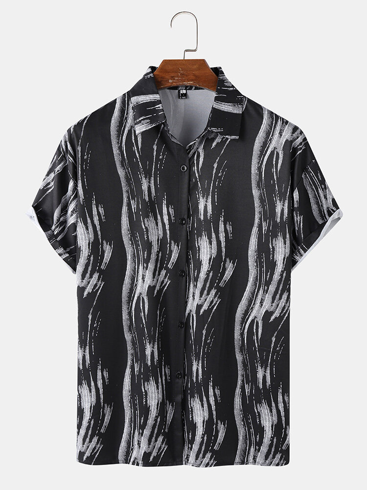 Mens Abstract Wave Stripe Print Lapel Street Short Sleeve Shirts