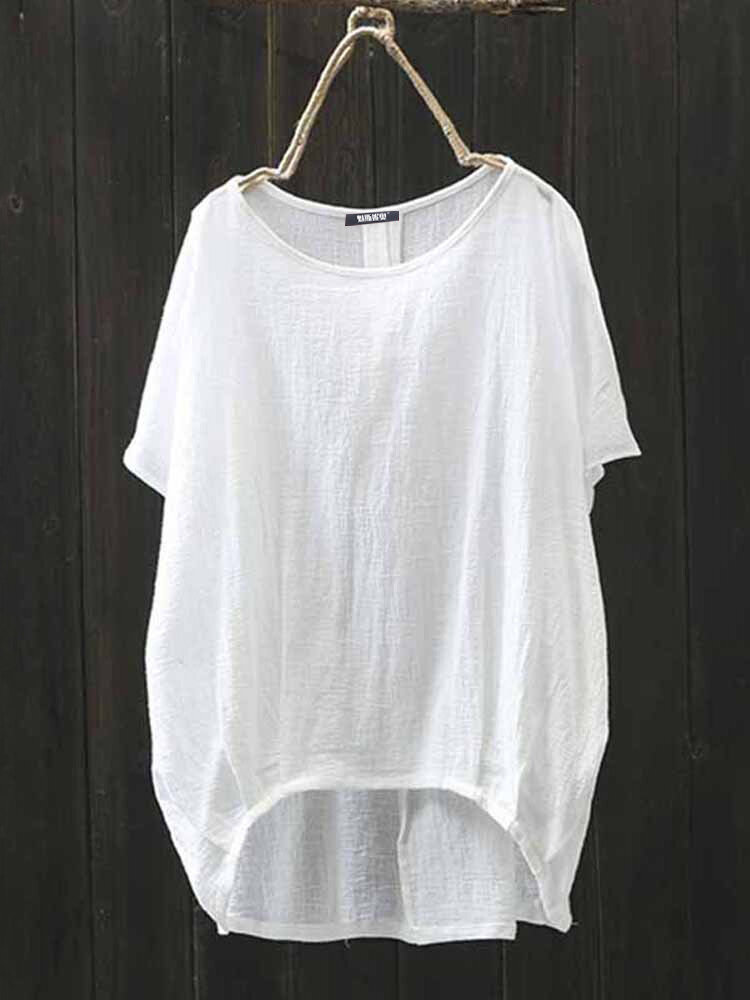 Vintage Cotton Soild Color Short Sleeve Round Neck Loose T-shirt