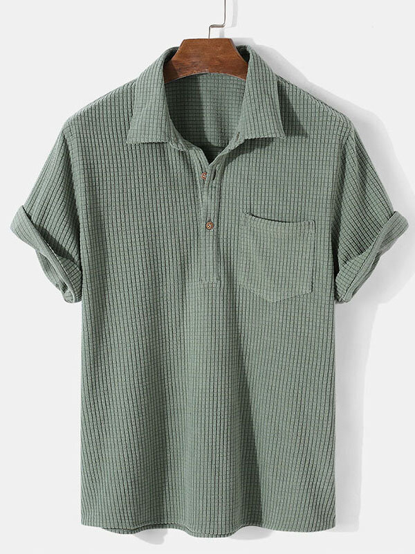 Mens Solid Short Sleeve Pocket Lapel Button Shirt