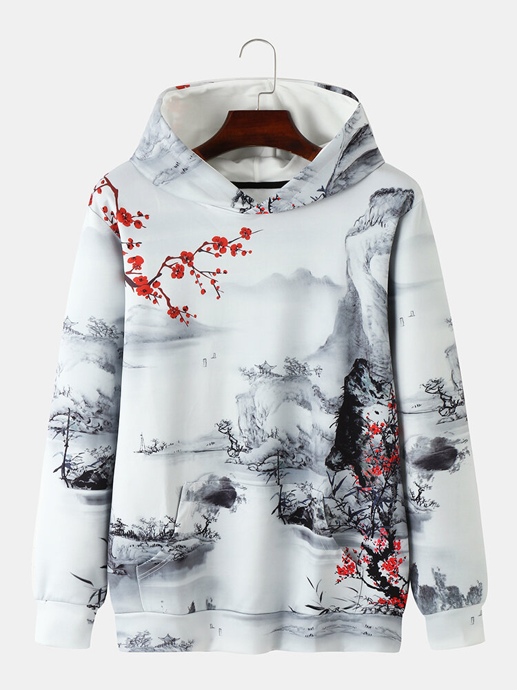 

Mens Plum Blossom Scenery Painting Print Chinese Style Overhead Hoodies, White