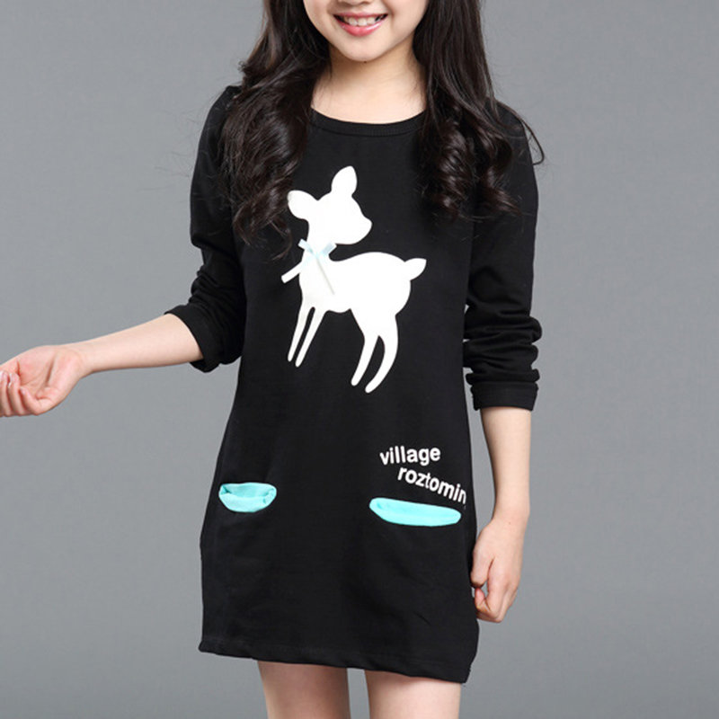 

Casual O-Neck Printed Girls Long Sleeve Dress For 4Y-15Y, Yellow;black