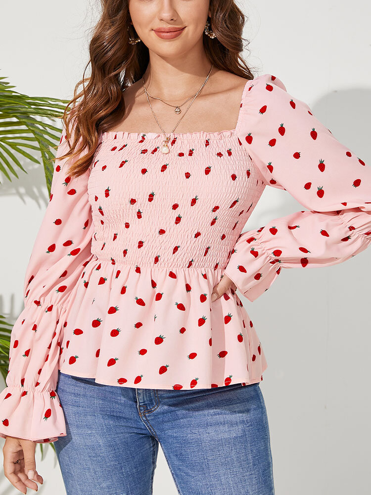 Strawberry Print Square Collar Long Sleeve Shirred Blouse