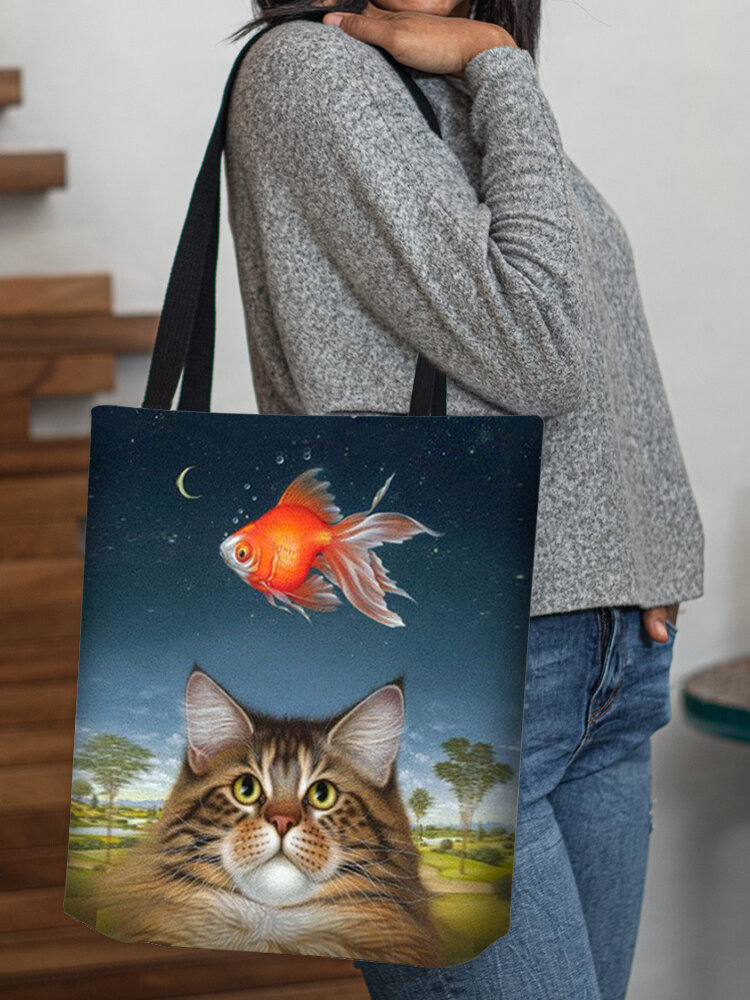 Women Cat Gold Fish Pattern Print Shoulder Bag Handbag Tote