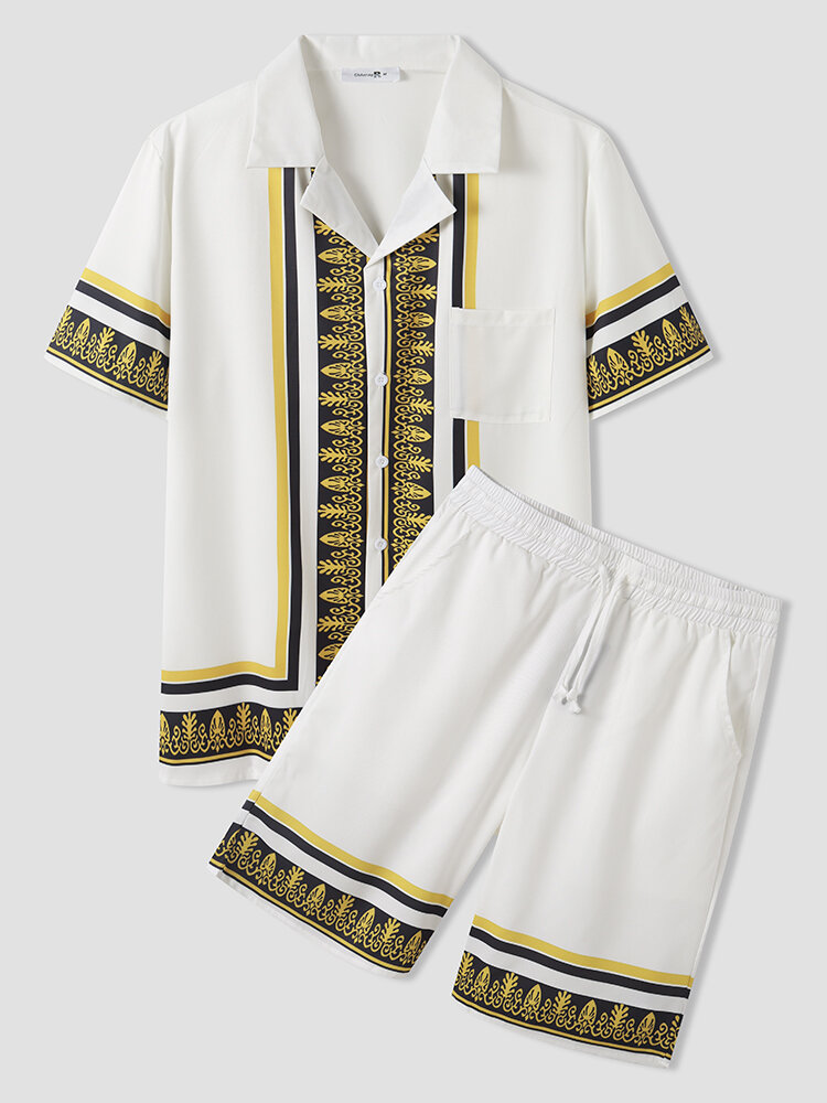 Mens Ethnic Шаблон Baroque Short Sleeve Рубашка & Pocket Shorts White Co-ords