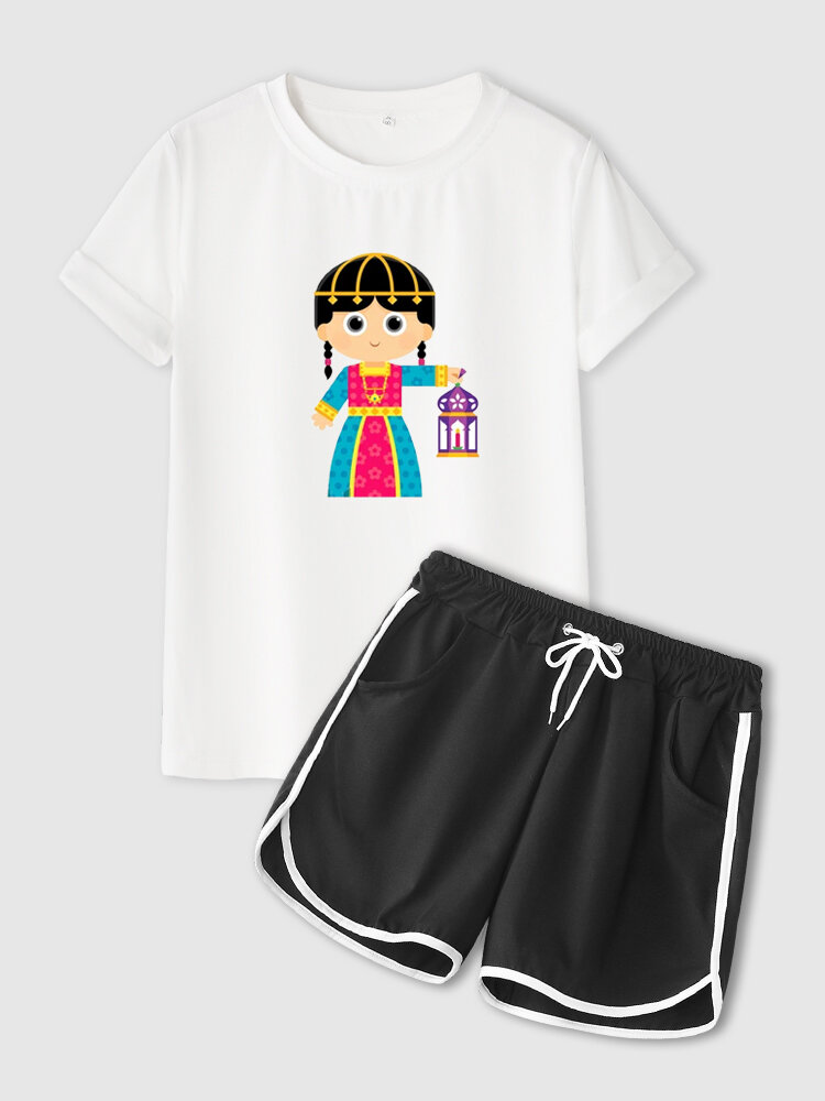 

Ramadan Women Cartoon Graphics T-Shirt & Black Shorts Home Pajamas Sets, Black;white