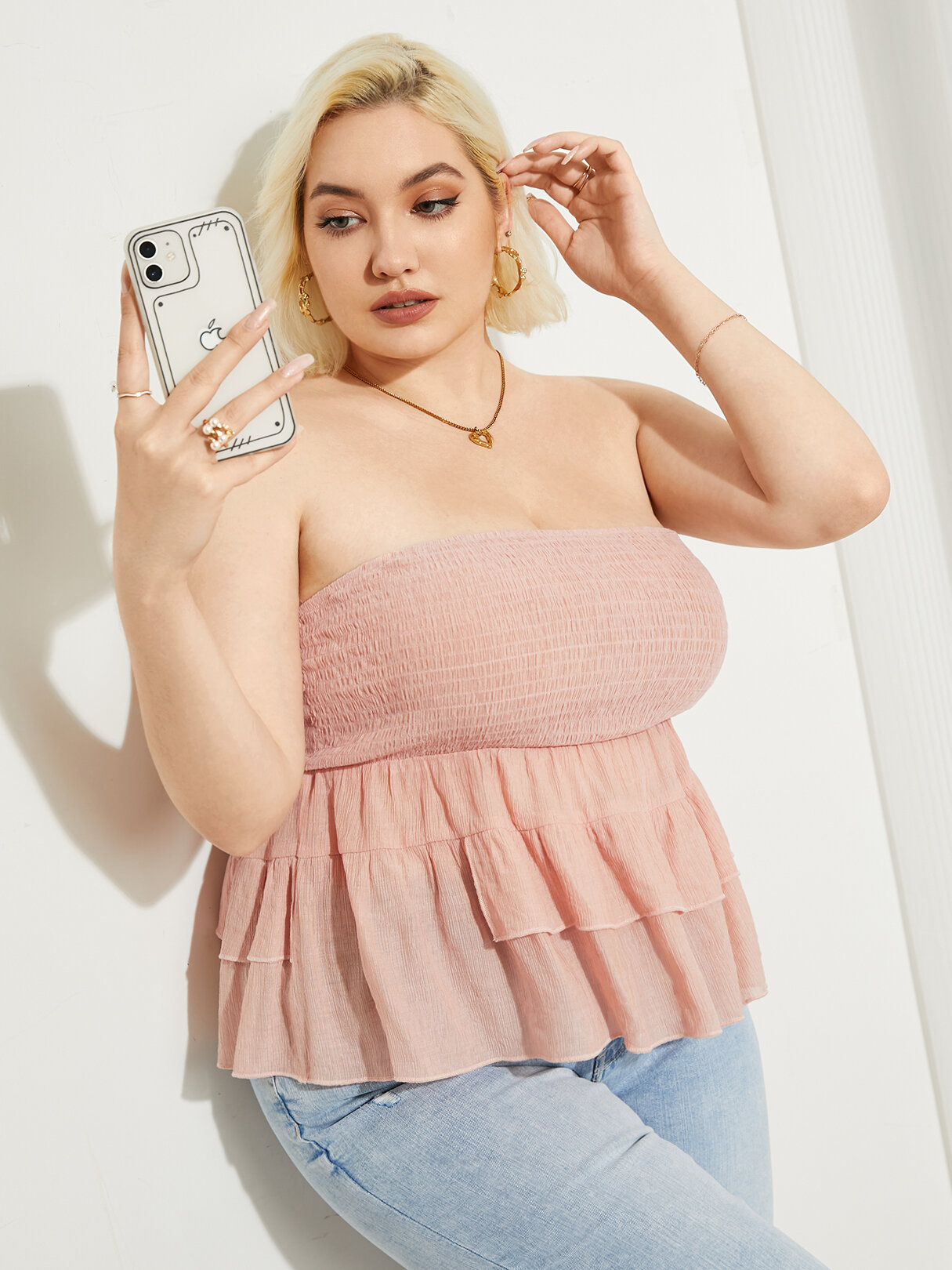 Plus Size Shirring Backless Design Tiered Design Tube Top
