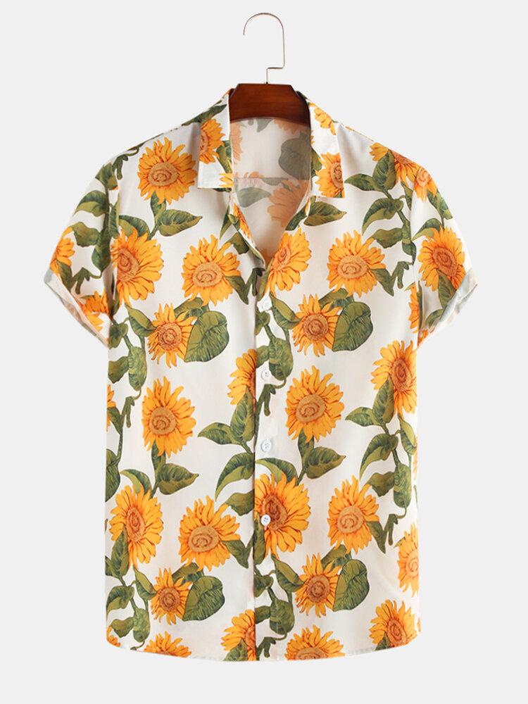 Mens Thin & Breathable Sunflower Spray Printed Holiday Casual Short Sleeve Floral Shirt