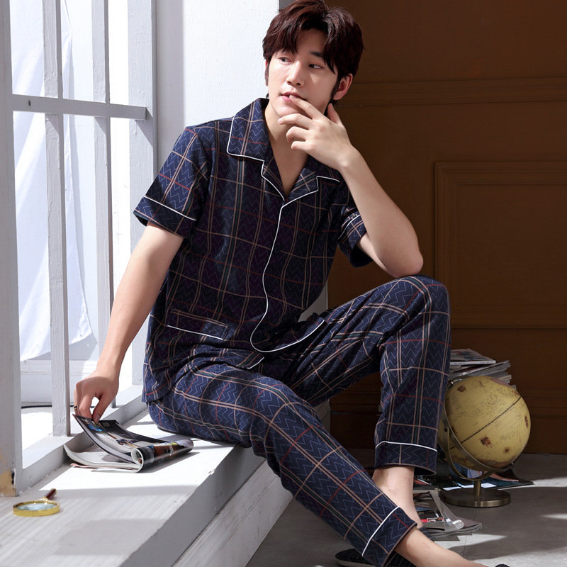 Summer mens pajamas cotton short-sleeved suit