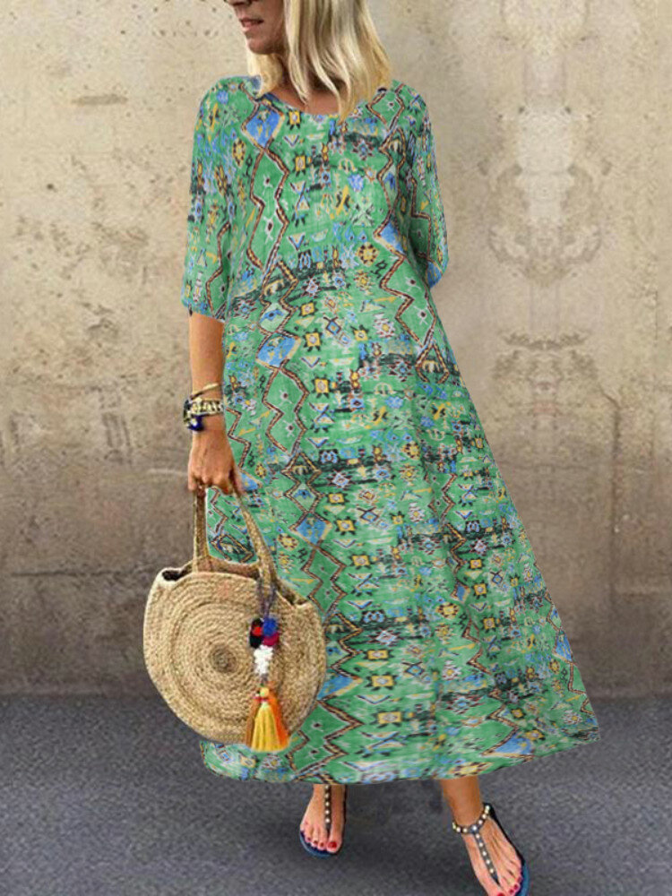 African Print Short Sleeve A-line Plus Size Maxi Dress