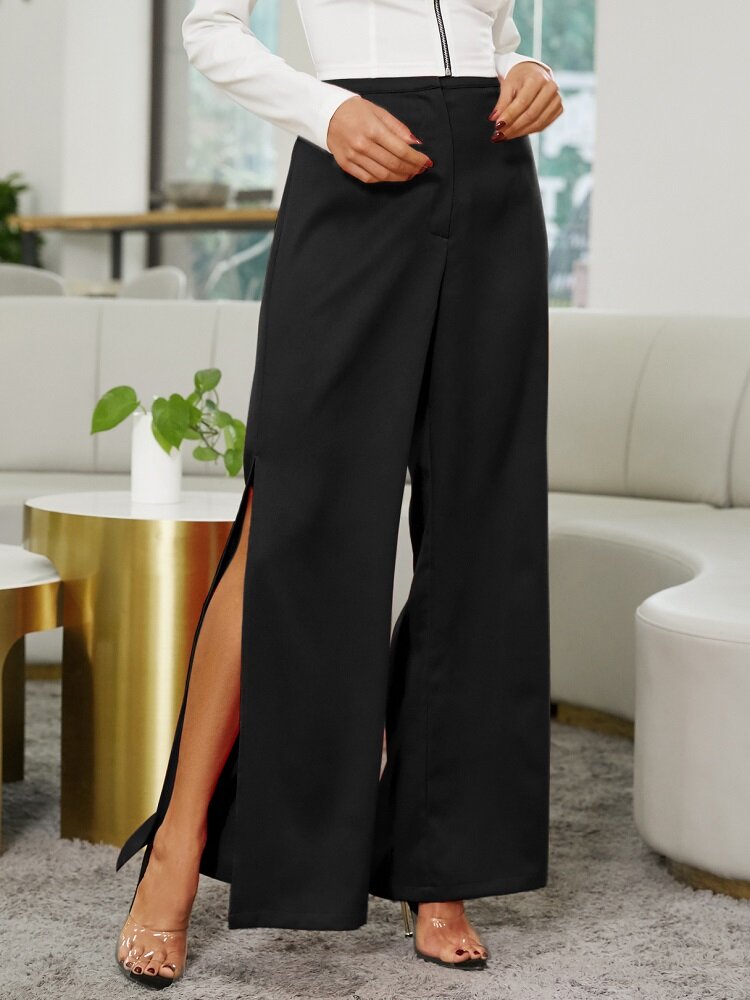 Solid Color Slit Hem High Waist Casual Pants for Women
