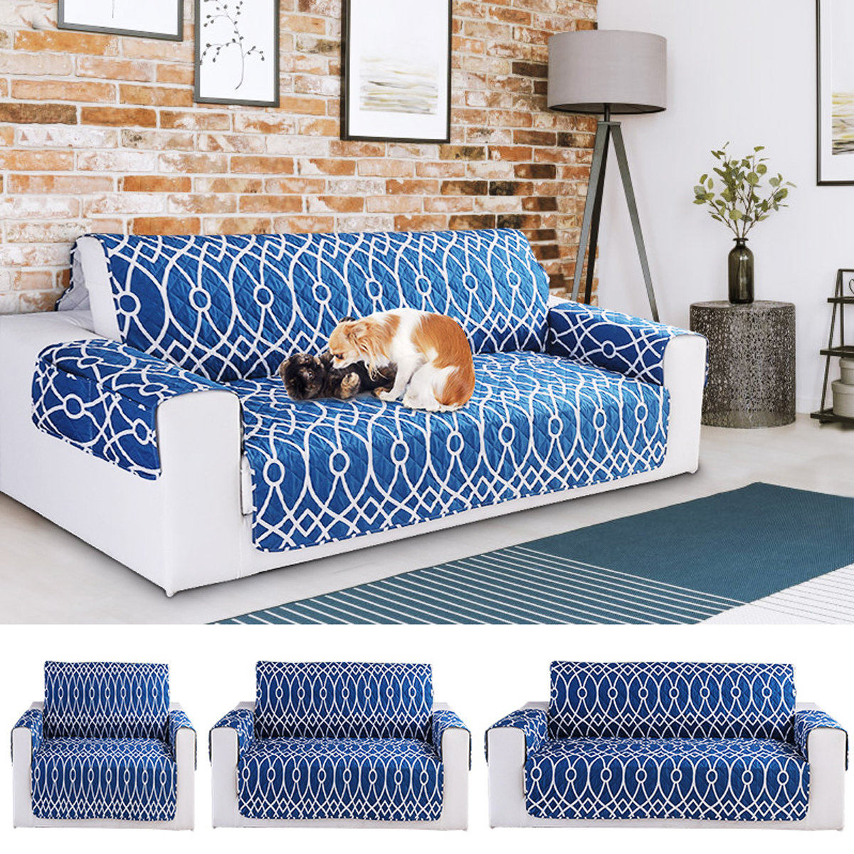 3 Seats Blue Flower Pattern Anti-scratch Pet Sofa Furniture Protector Mat Dog Cat Sofa Mat