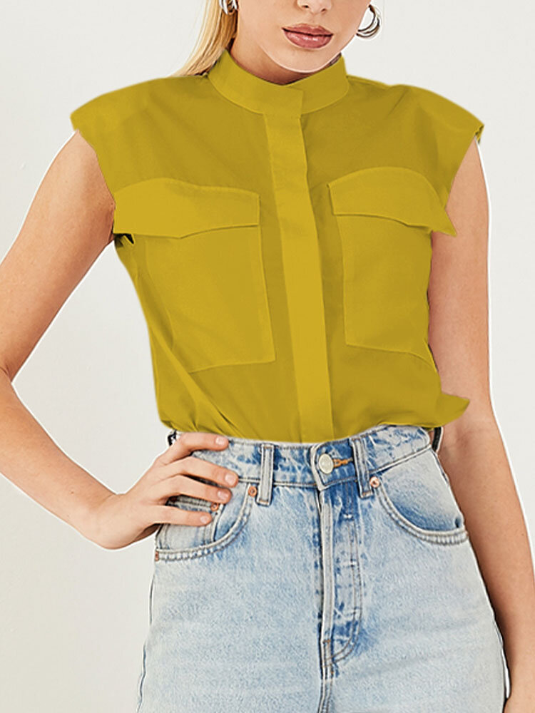 Solid Color Button Pockets Stand Collar Sleeveless Blouse For Women