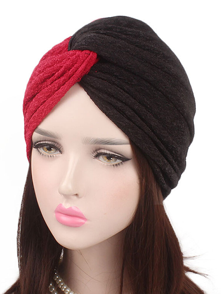 Women's Polyester Two-color Cross Stretch Turban Hat Casual Beanie Cap Bonnet Hat