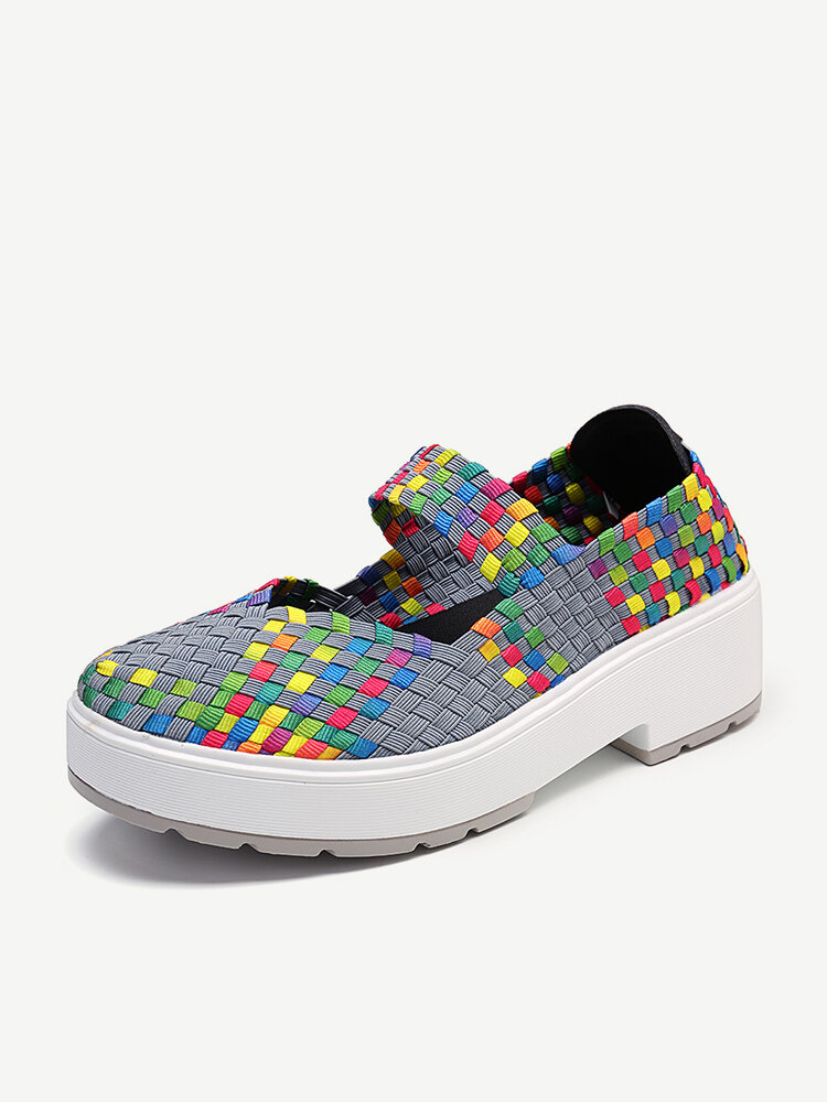 Colorful Knitted Slip On Chunky Heel Casual Platform Shoes
