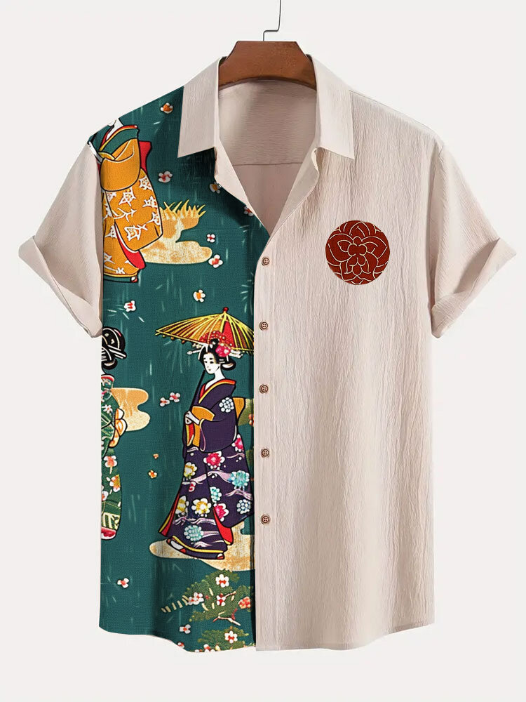 

Mens Japanese Floral Figure Print Patchwork Short Sleeve Shirts, Apricot