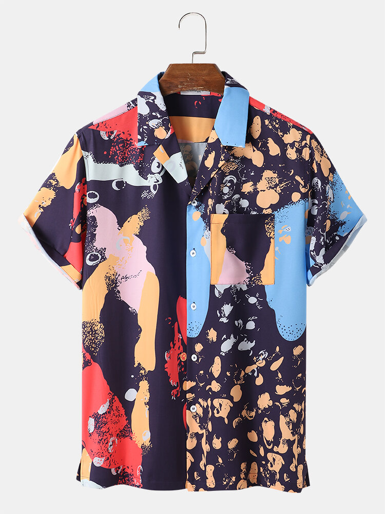 Mens Colorful Abstract Pattern Button Up  Short Sleeve Shirt With Pocket