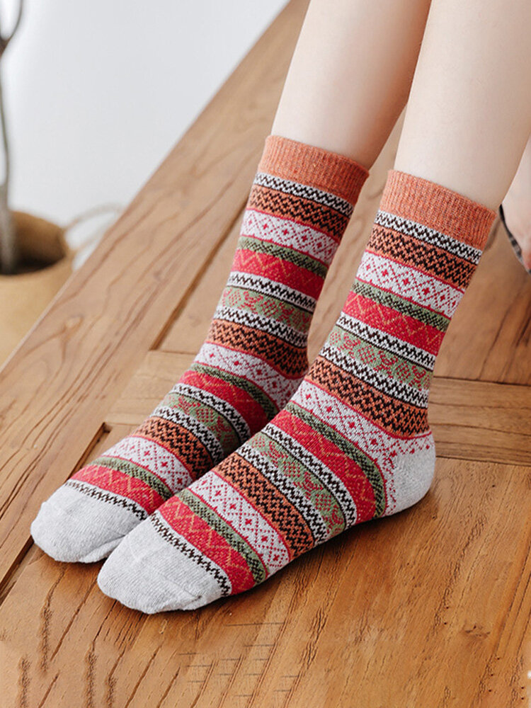 4 Pairs Unisex Dacron Thick Knitted Lattice Ethnic Pattern Colorful Warmth Medium Tube Socks