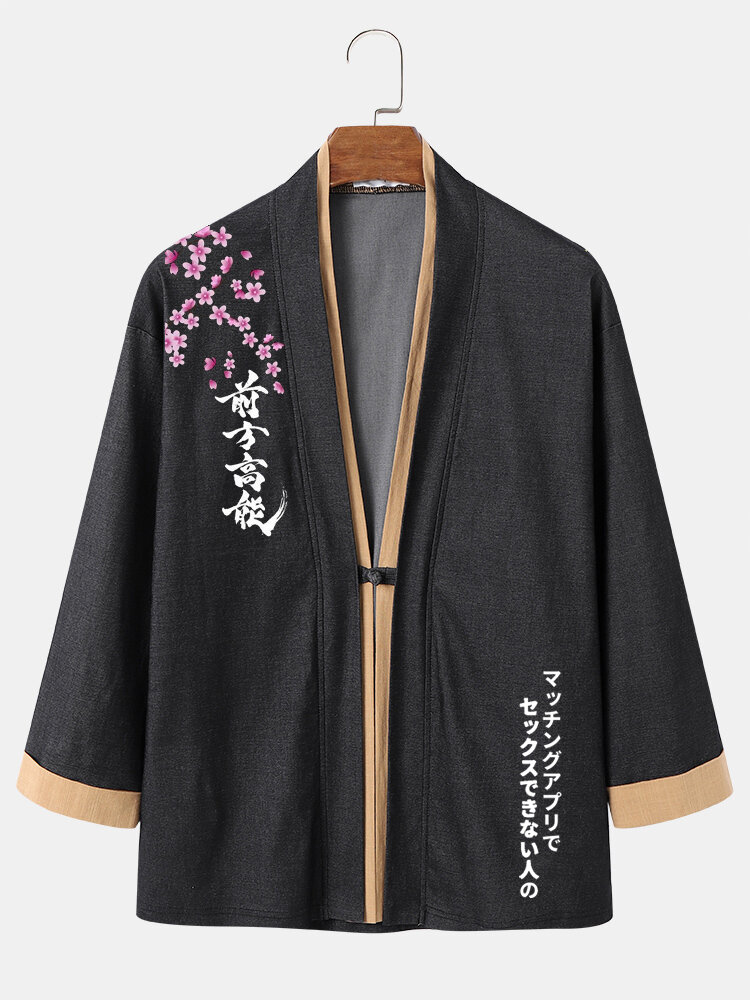 

Mens Floral Letter Printed Chinese Knot Button 3/4 Sleeve Kimonos, Black