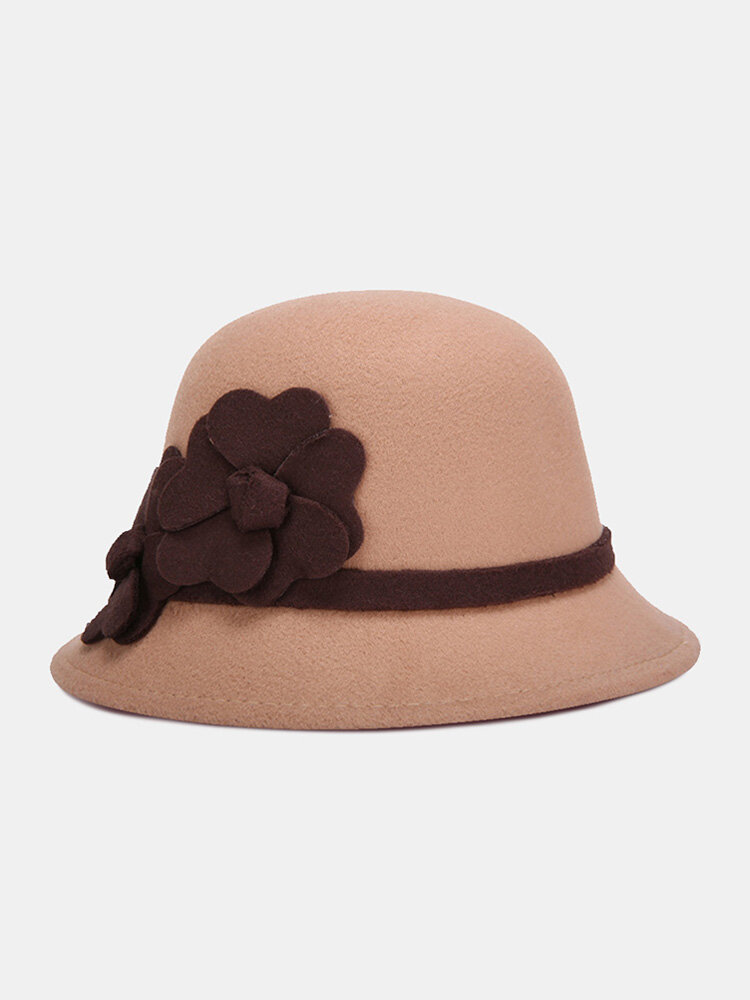 Women Woolen Cloth Solid Flower Decoration Elegant Warmth Breathable Bucket Hat
