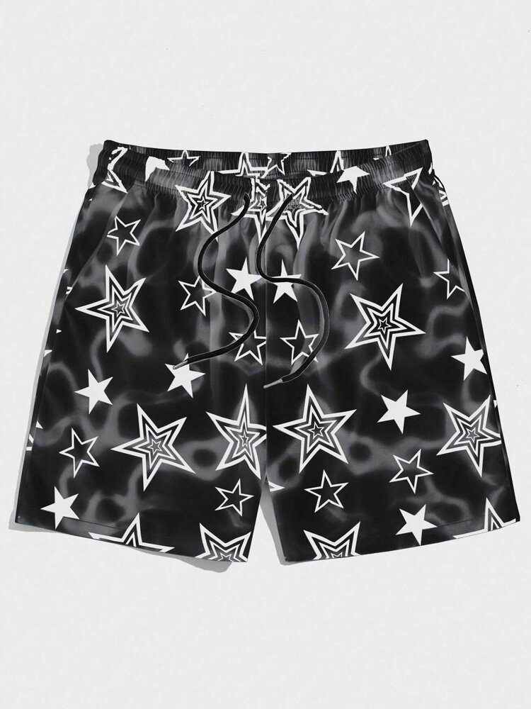 

Mens Allover Star Print Casual Drawstring Waist Shorts, Black