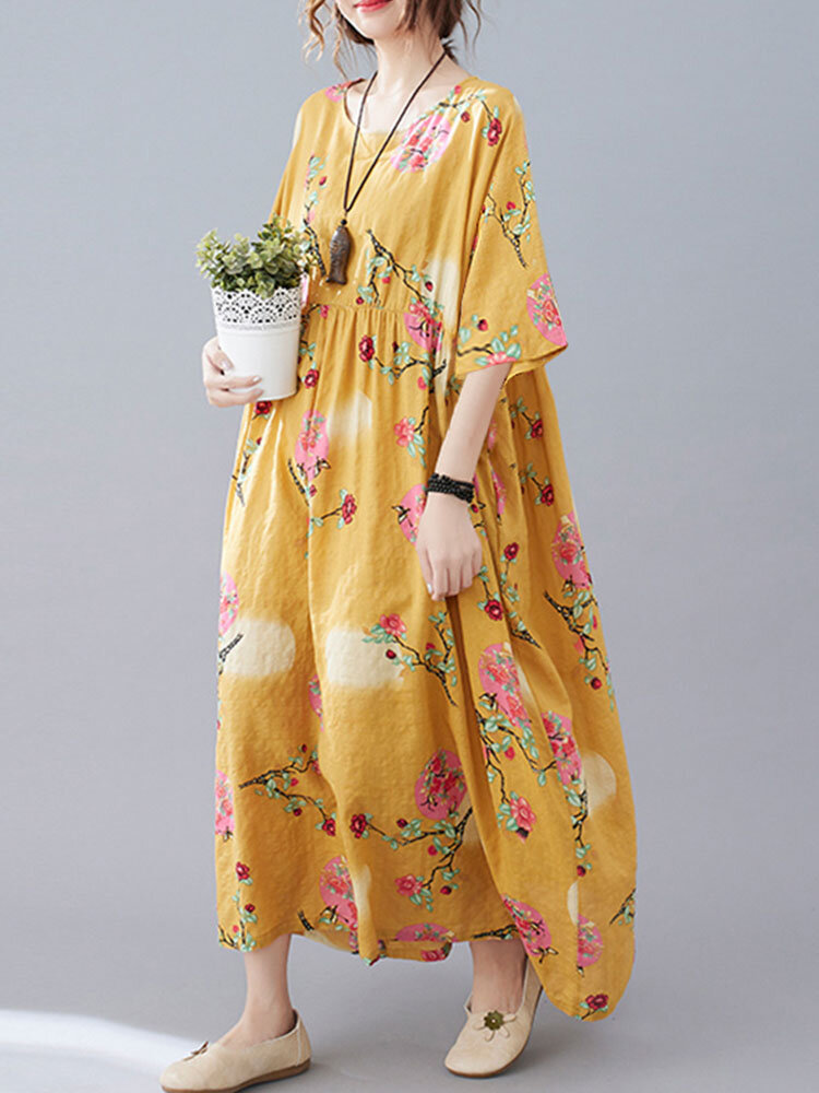 Robe vintage femme ample à col rond et manches mi-longues à imprimé fleuri