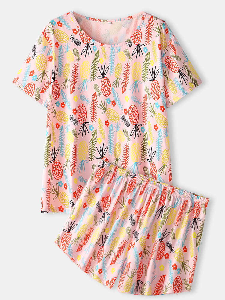 Plus Size Women Graffiti Fruit Print Elastic Waist Short Sleeve Pajama Sets