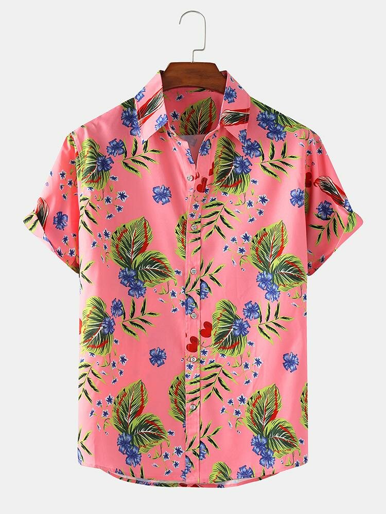 Mens Leaf & Floral Print Light Casual Holiday Short Sleeve Shirts