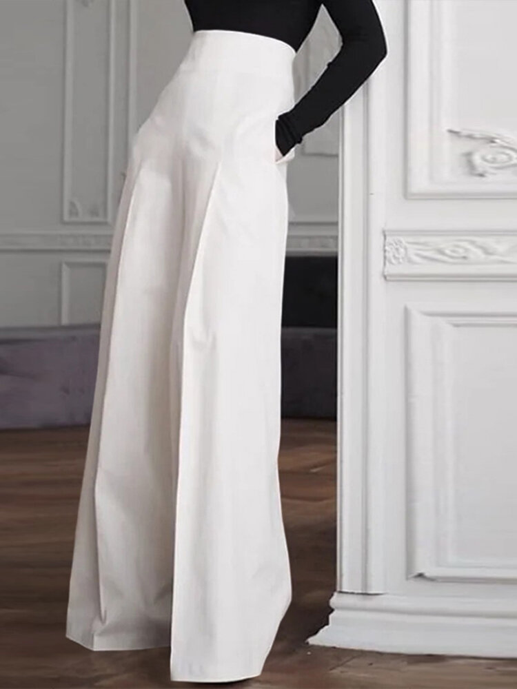 Women Solid Casual Wide Leg Pants With Pocket