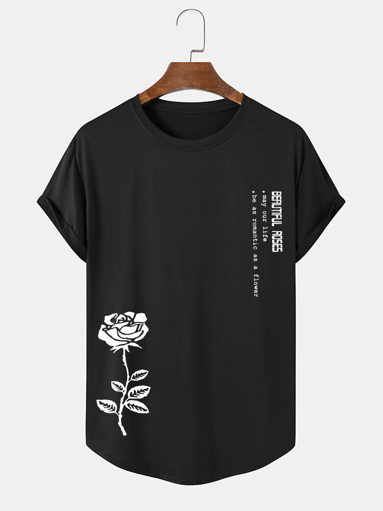 Herren-T-Shirts mit Rosen-Buchstaben-Print und abgerundetem Saum, kurzärmelig
